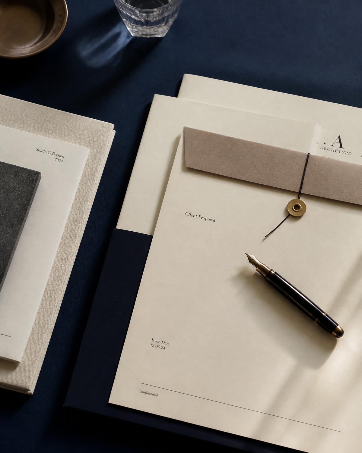 Client proposal document, envelope and fountain pen on a navy desk